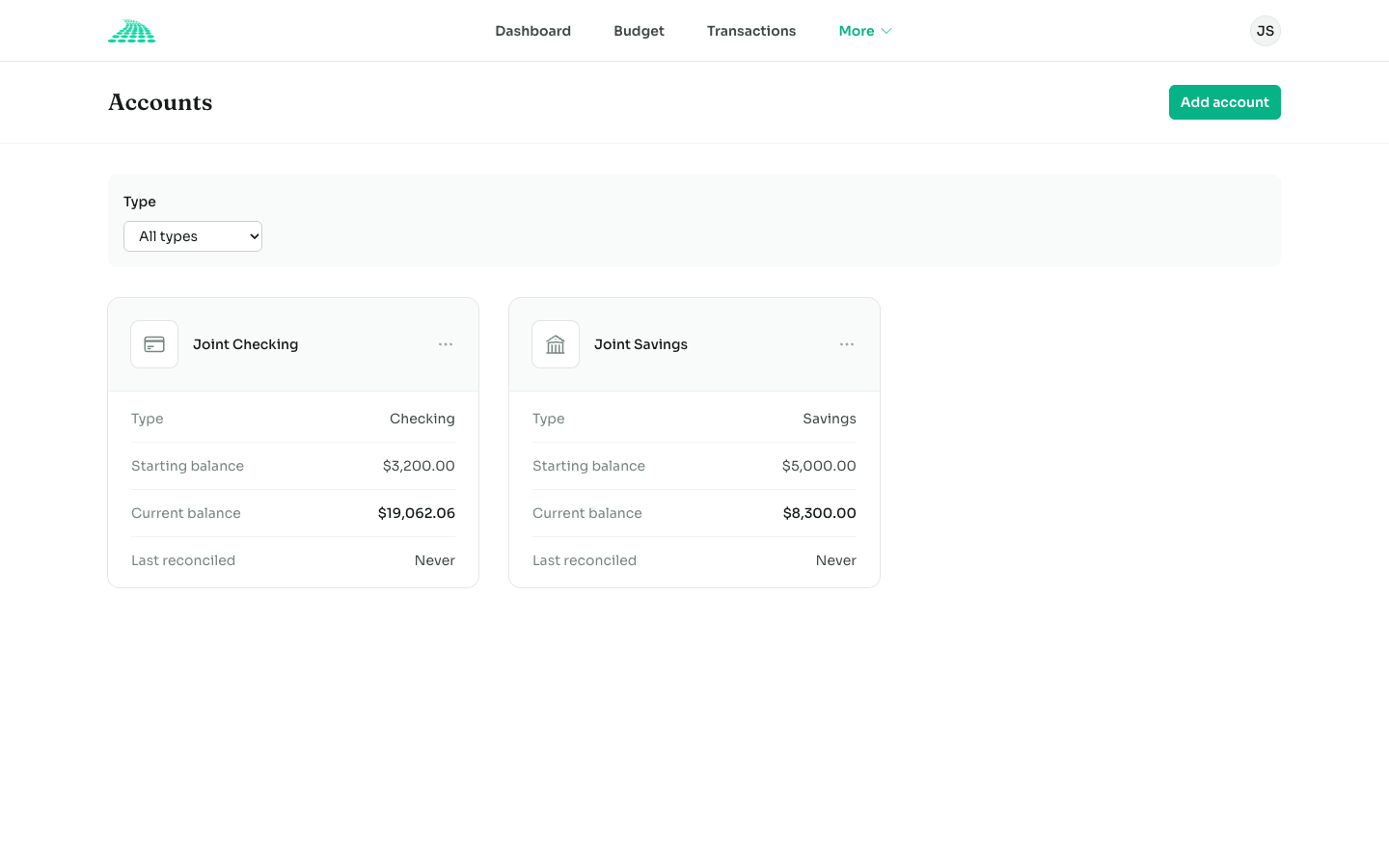 Pathway accounts page showing balances and reconciliation status